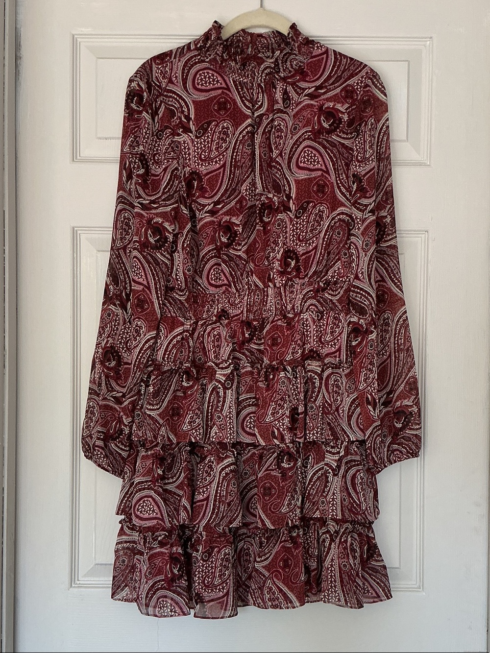 Express Red Paisley Tiered Long-Sleeve Dress